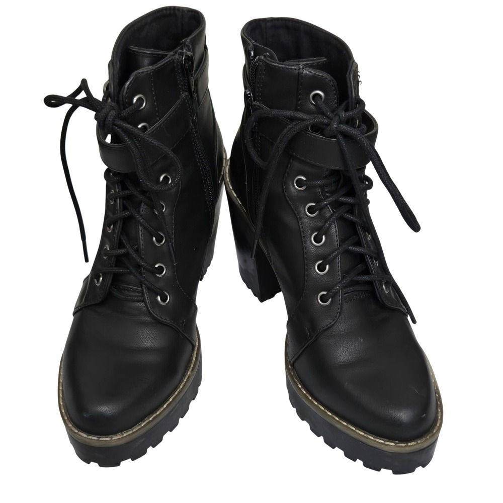 H&M Divided‎ Black Faux Leather Lace Up Chunky Heel Combat Boots Women Size 37